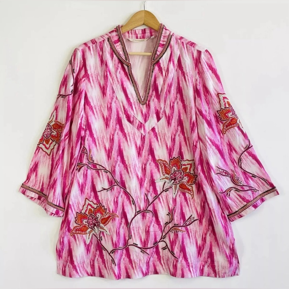 SOFT SURROUNDINGS Altea Pink Tie Dye 3/4 Sleeve Embroidered Beaded Tunic XS - Picture 2 of 8